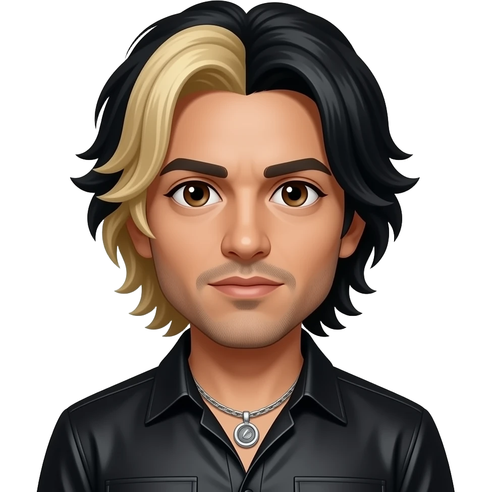 Chino Moreno with brown eyes, black hair with blonde dyed, black metallic dress shirt, silver necklace emoji