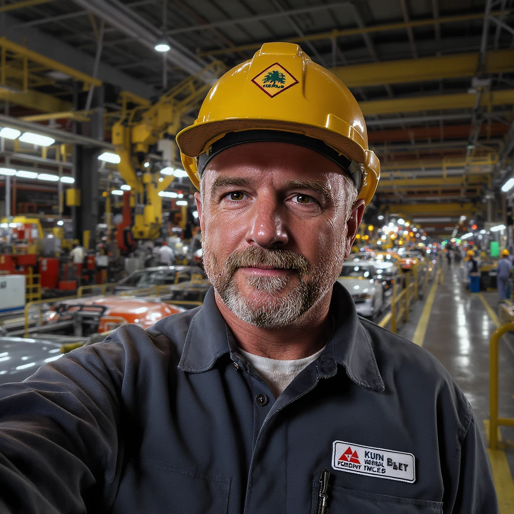 Realistic car factory, detailed machinery, industrial atmosphere, workers in uniforms, assembly lines with cars in production, realistic lighting and shadows, large warehouse-like structure with high ceilings, metal beams, and industrial equipment, realistic style emoji