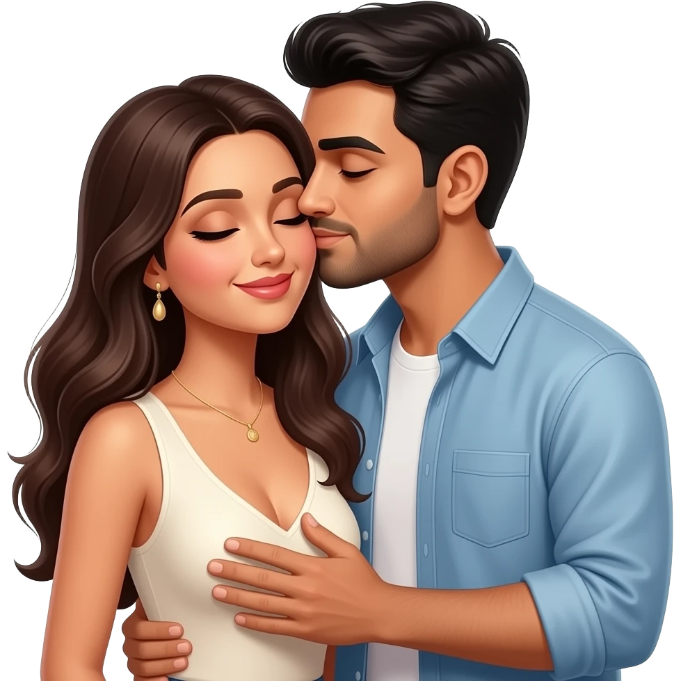 Husband kissing wife lovingly Indian couple modern casual dress. Husband hand on wife chest. Lady low neck, men no beard no moustache emoji