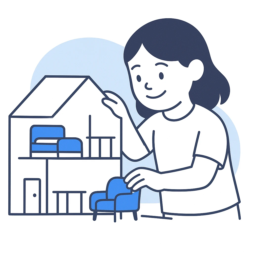 smiling girl arranging furniture in doll house emoji