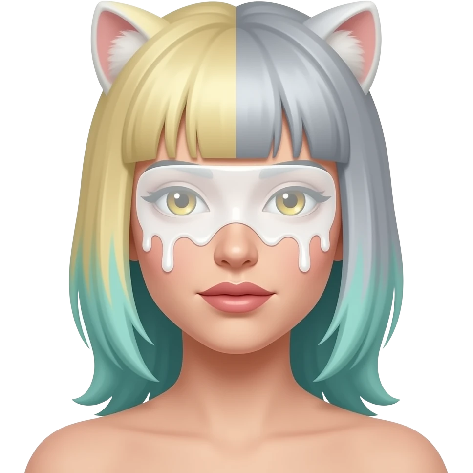 Attractive woman with skunk stripe hair that is platinum, blonde, and ash gray with bluish green, hazel eyes covered in a white sticky gooey substance emoji