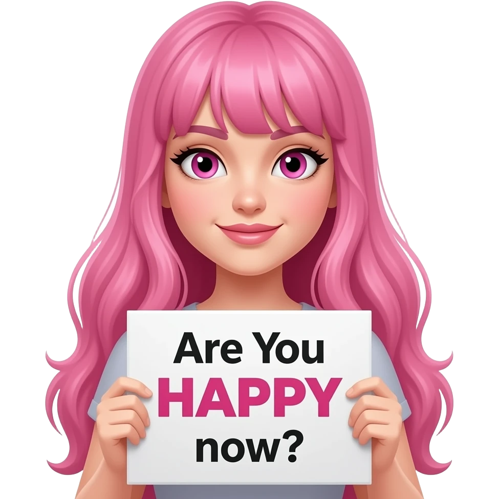 sexy girl with long pink hair and pink eyes holding a Are You HAPPY now? sign emoji
