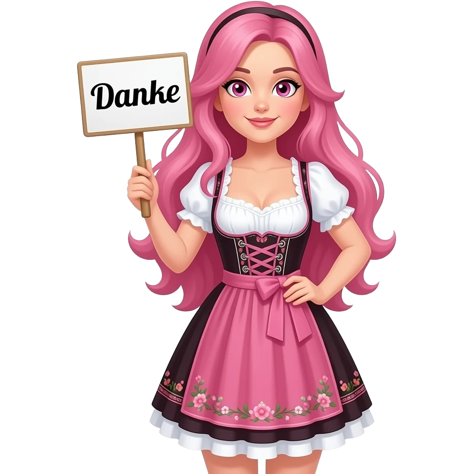 sexy girl with long pink hair and pink eyes wearing a dirndl holding a DANKE sign emoji