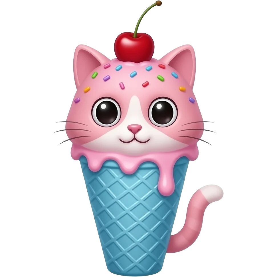 Pink ice cream scoop cat with sprinkles cherry in a blue ice cream cone emoji