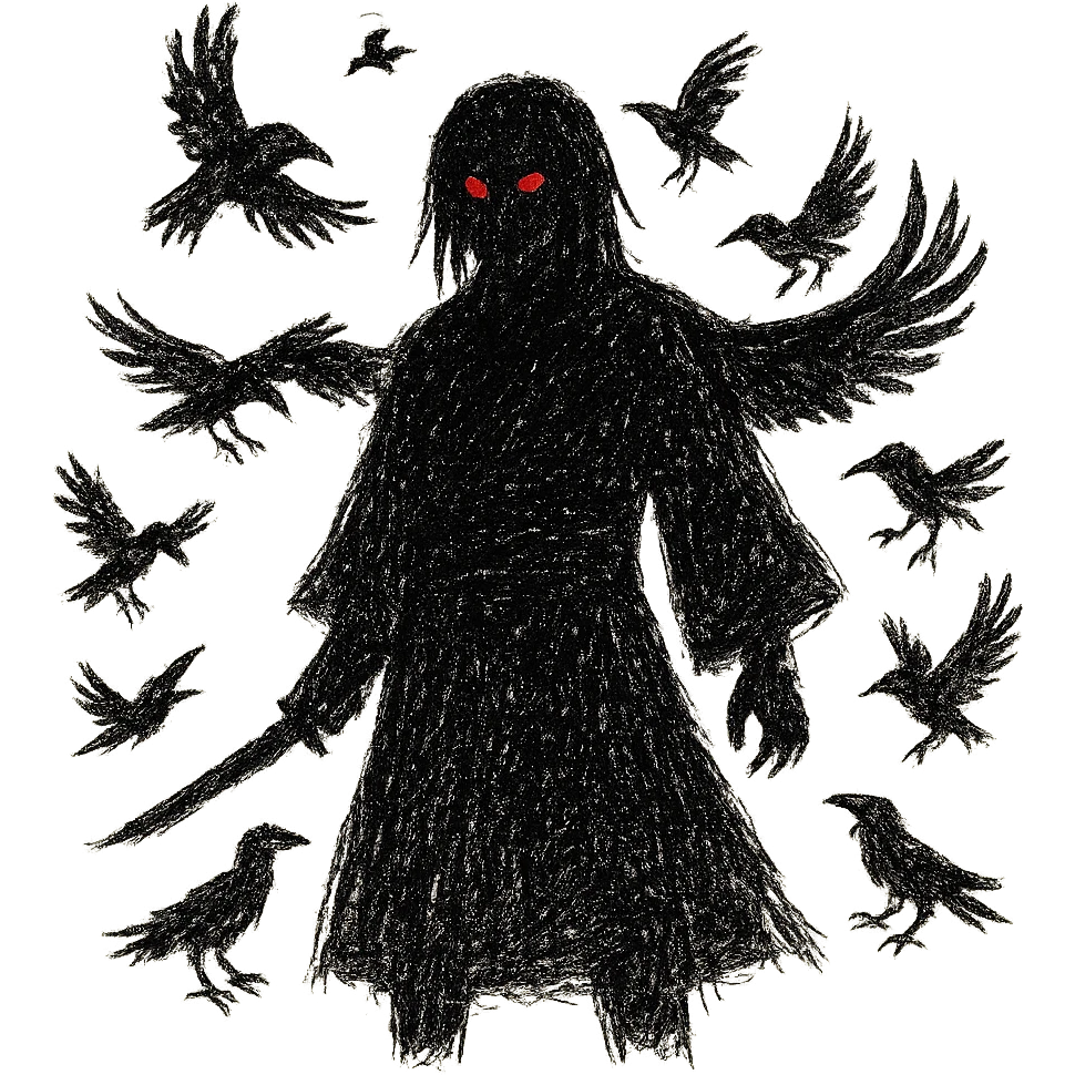 Make this Itachi Uchiha emoji scary, with a shadowy silhouette, glowing red eyes, and crows with sharp beaks, no background. emoji