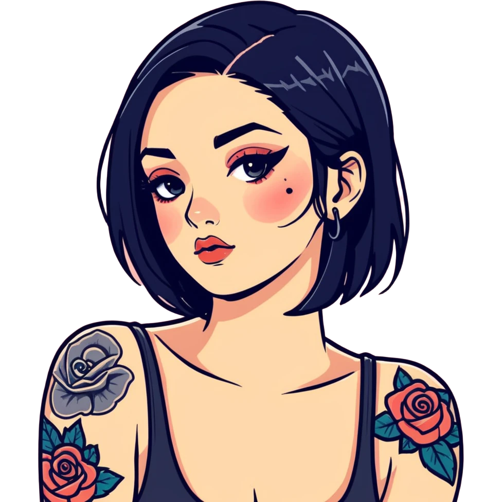 black haired girl with tattoos and makeup emoji