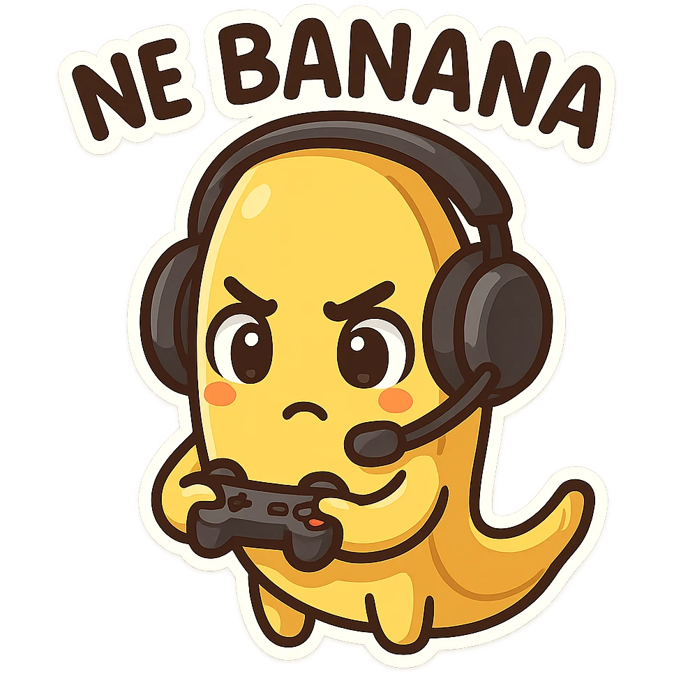 Cartoon banana wearing headset, holding tiny controller, focused expression, text above: "NE BANANA", chibi style, Twitch emoji style, transparent background, colorful emoji