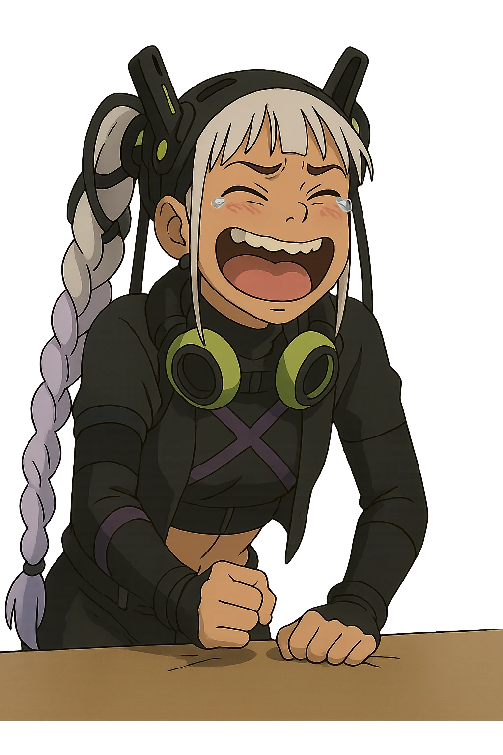 1 female, single long white braid with lavender tips. Cybergoth futurepunk, crying from laughter, pounding her fist on a table, “wheeze emoji” facial expression, hilarious  emoji