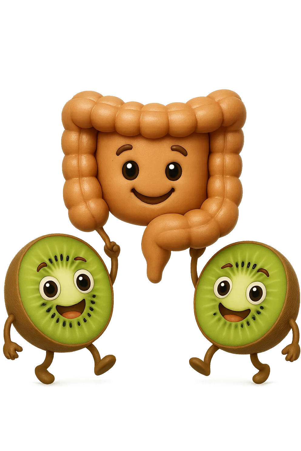 emoji stile iphone di kiwi fluttuano in aria tenendo in mano un pezzo di colon con espressione felice in volto, iperrealistico 4k emoji