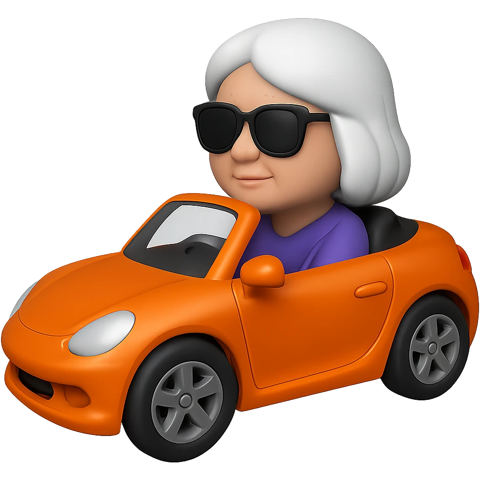Show the old lady with white hair in the orange sports car from a side angle, in 3D emoji style, realistic, wearing sunglasses, no background. The style should resemble Microsoft style 3D fluent emojis with realistic details and no background. emoji