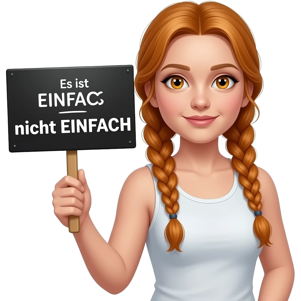 sexy girl with long ginger braids and ginger eyes wearing a white tanktop is holding a black sign with Es ist EINFACH nicht EINFACH written on it emoji