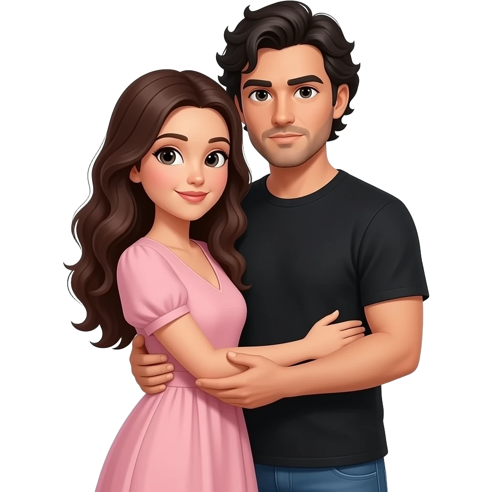 Eu e meu marido. Estou usando um vestido na cor rosa claro, tenho cabelos longos na cor castanho escuro. Meu marido tem cabelo preto e usa camiseta preta. Ele está me abraçando. Ele tem cabelo ondulado. Deixe o rosto dele sério emoji