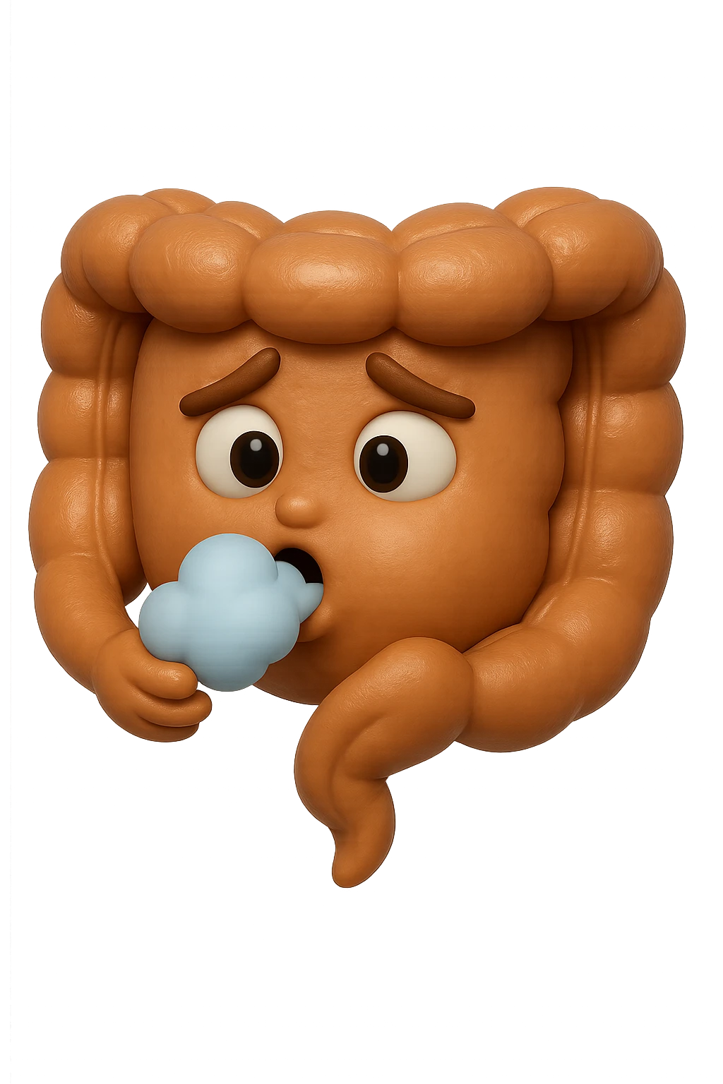 emoji stile iphone di un intestino che ingoia una nuvoletta di aria ben visibile e gli si gonfia la pancia, non fargli il naso, iperrealistico 4k emoji