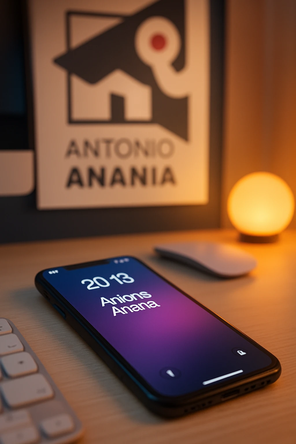 A photo of an iPhone on the desk with the message "Antonio Anania" on its screen, The phone sits atop a desk with a blurred with the logo in the background that suggests work environment. A faint glow from above casts gentle shadows across the surface of each object, creating depth and highlighting their textures emoji