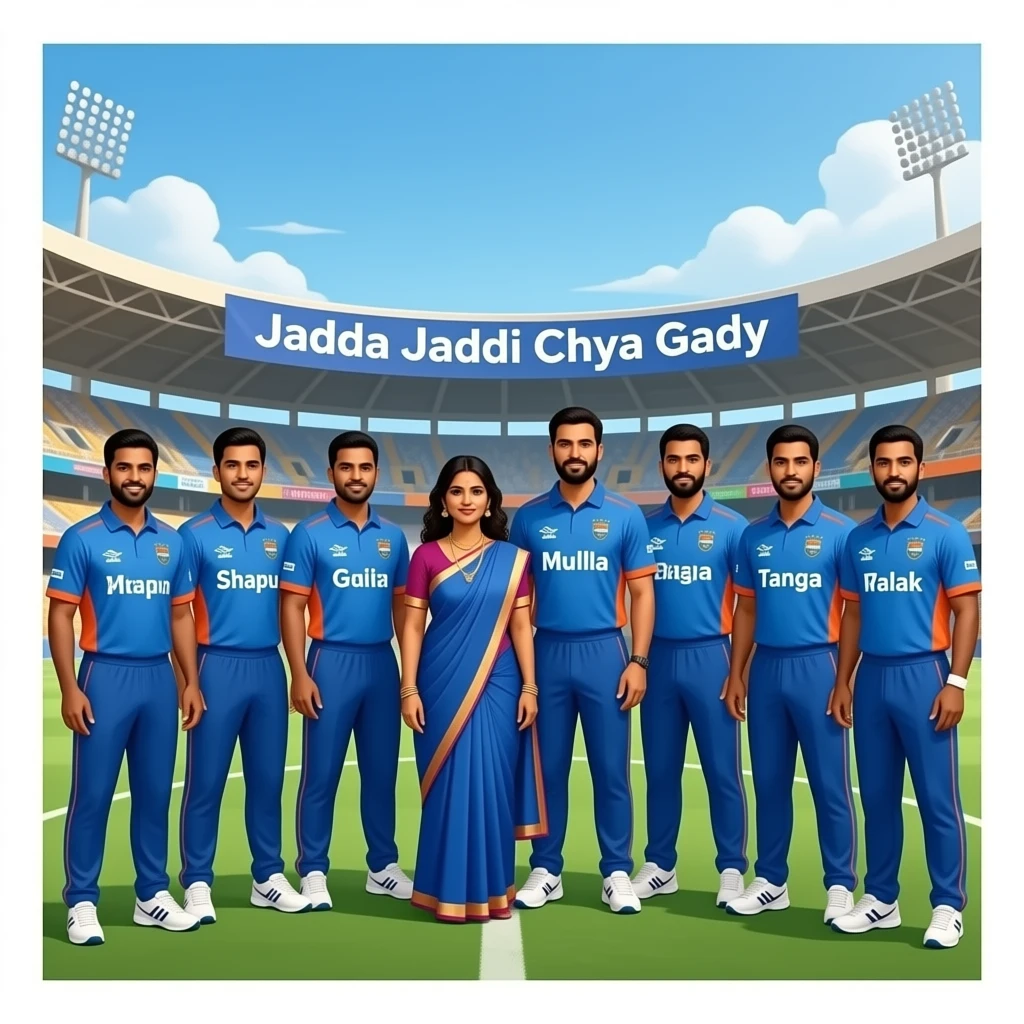 make ipl team team name"jadda jaddi chya gadya"the team name show at the stedium ahd players name "matthi ,shapu,mulla,gajar,batata,kanda,tamata ,wanga,palak" and show a fat mother name "jaddi"is in the ground and fat father name"jadda" is in the groundall names are print on the jersey emoji