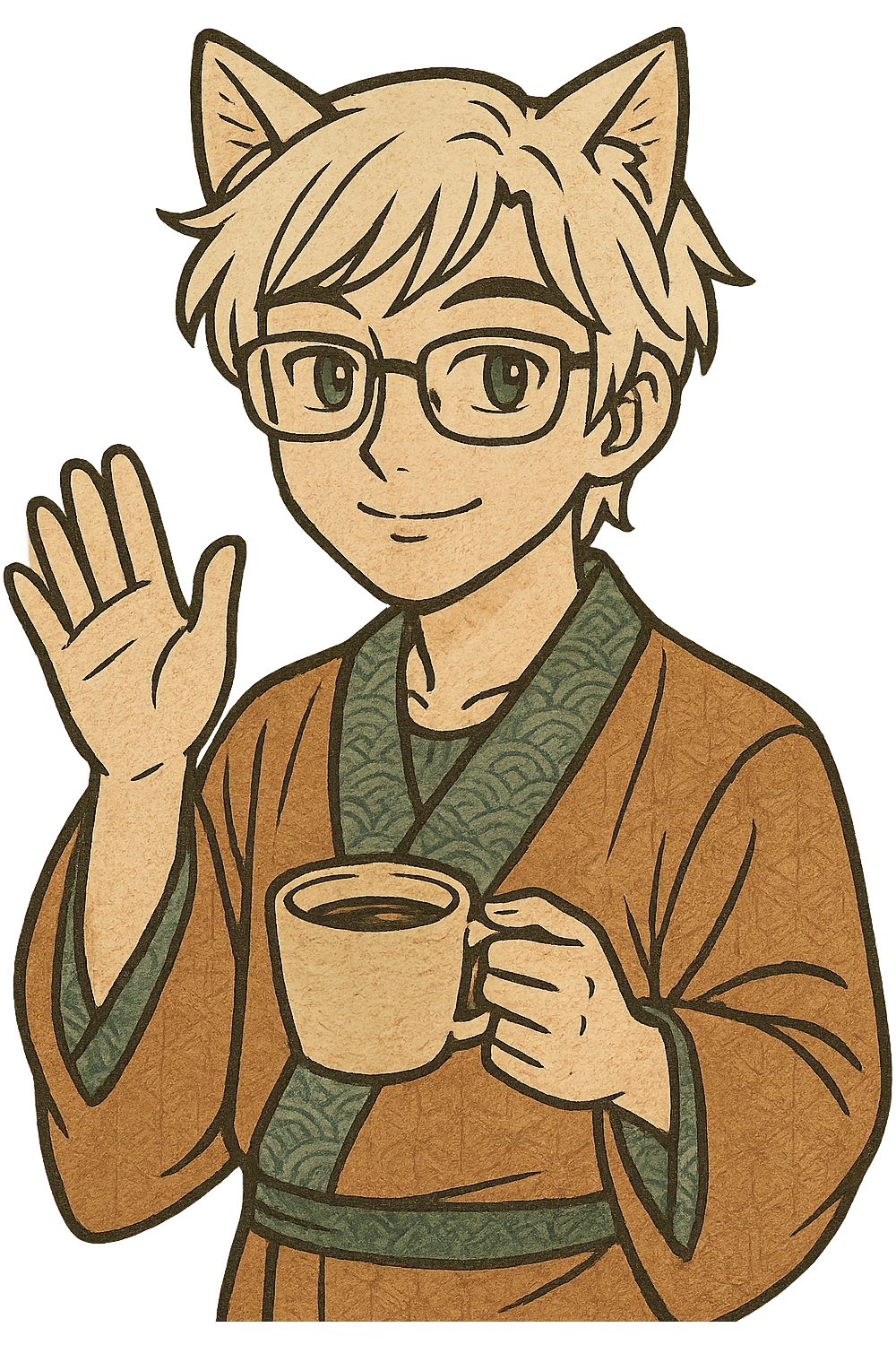 An anime guy with white hair, white cat ears, green eyes, and glasses, holding a coffee cup in his hand and waving emoji