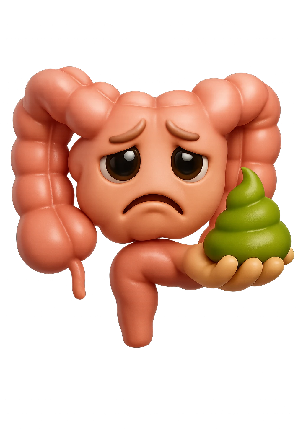 emoji stile iphone 3d di un intestino con espressione triste con cacca verde e liquida in mano , iperrealistiche 4k emoji