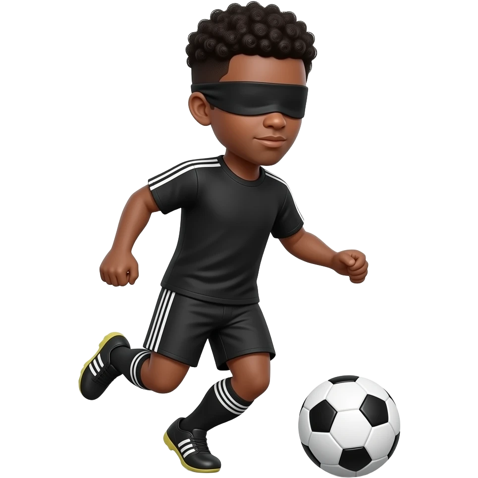 make me a soccer player dribbling the ball blindfolded mke him have black short curly hair with black shirt and short emoji