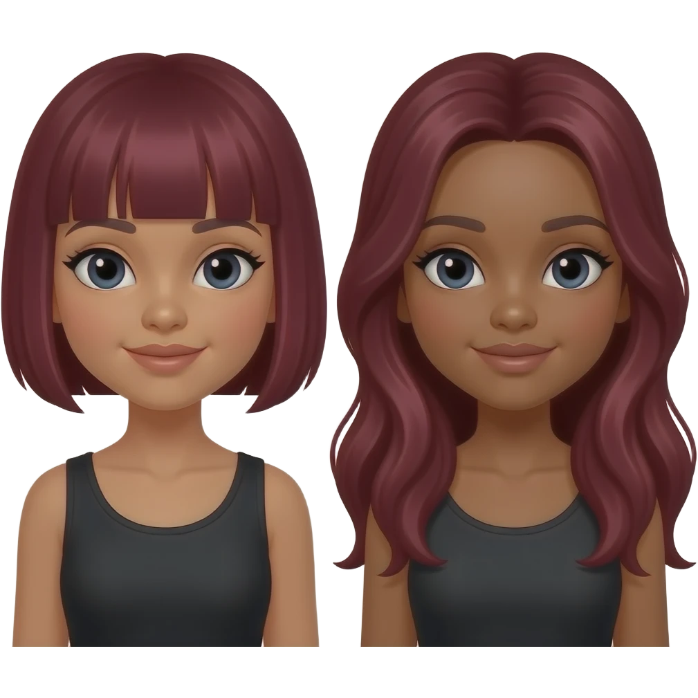 Emoji de deux fille avec cheveux rouge borde, l’une avec des cheveux rouge bordeaux lisse et l’autre avec des locks longue rouge bordeaux deux filles noires emoji