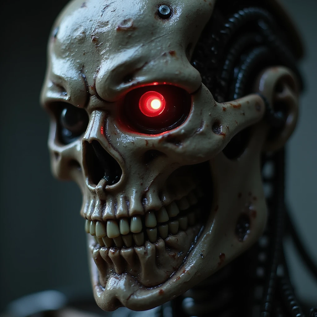 Terminator close-up, realistic, red glowing eye, damaged skin revealing endoskeleton, inspired by the 'I'll be back' scene emoji