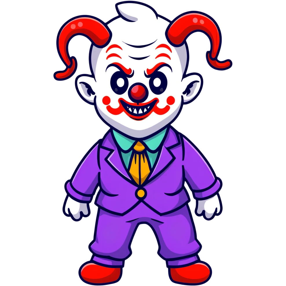 demonic clown wearing a leisure suit, bald with ram horns emoji
