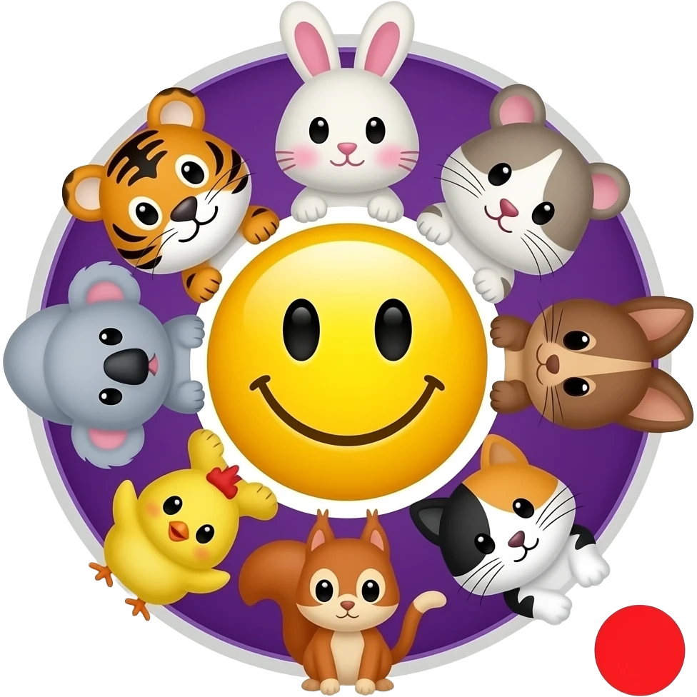 emoji yellow smiley in the center serounded in circle  🐯🐰🐹🐨🐥🐿 🐈 purle and white background, with red circle emoji
