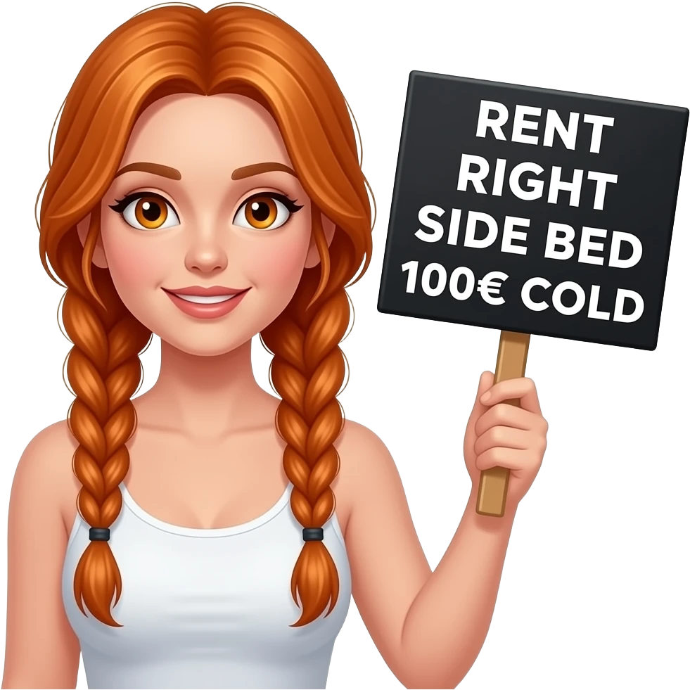 sexy girl with long ginger braids and ginger eyes wearing a white tanktop is holding a black sign with VERMIETE rechte BETTSEITTE 100€ kalt written on it emoji