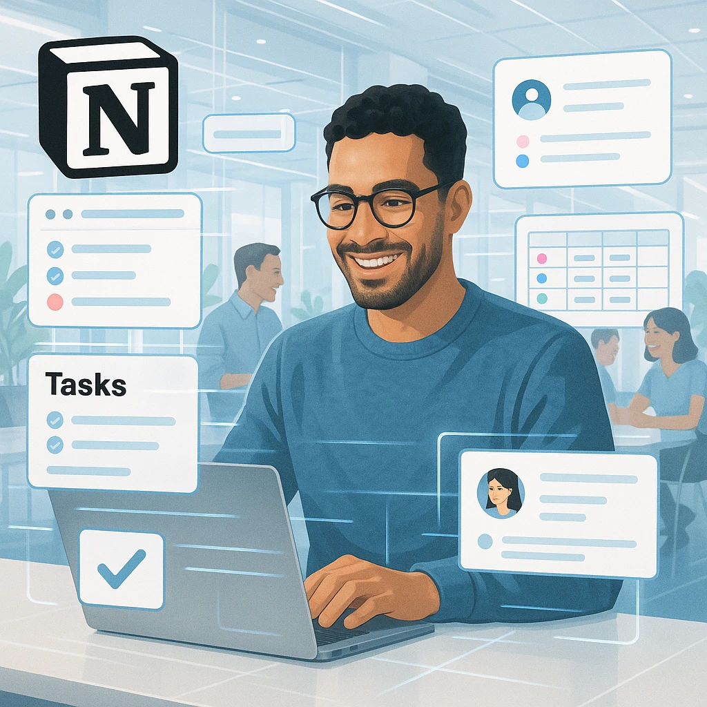 a man collaborating in Notion, teamwork, digital, friendly atmosphere emoji
