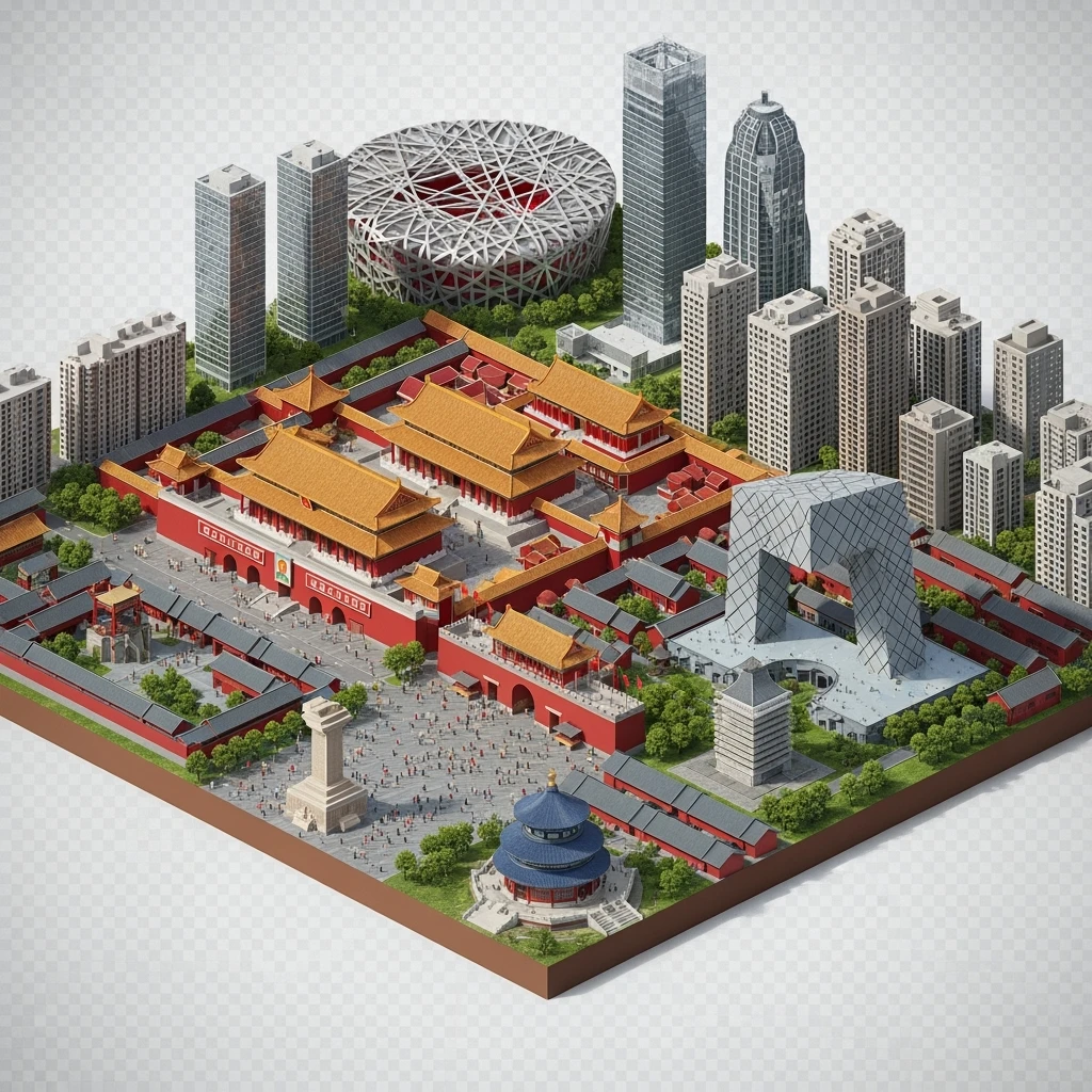 Isometric miniature of Beijing Forbidden City, Tiananmen Square, CCTV Headquarters, Temple of Heaven, China Zun skyscraper, Bird’s Nest Stadium, Beijing apartment blocks, 3D miniature effect and Tilt Shift effect, no cartoonish look, transparent background, don't cut angles emoji