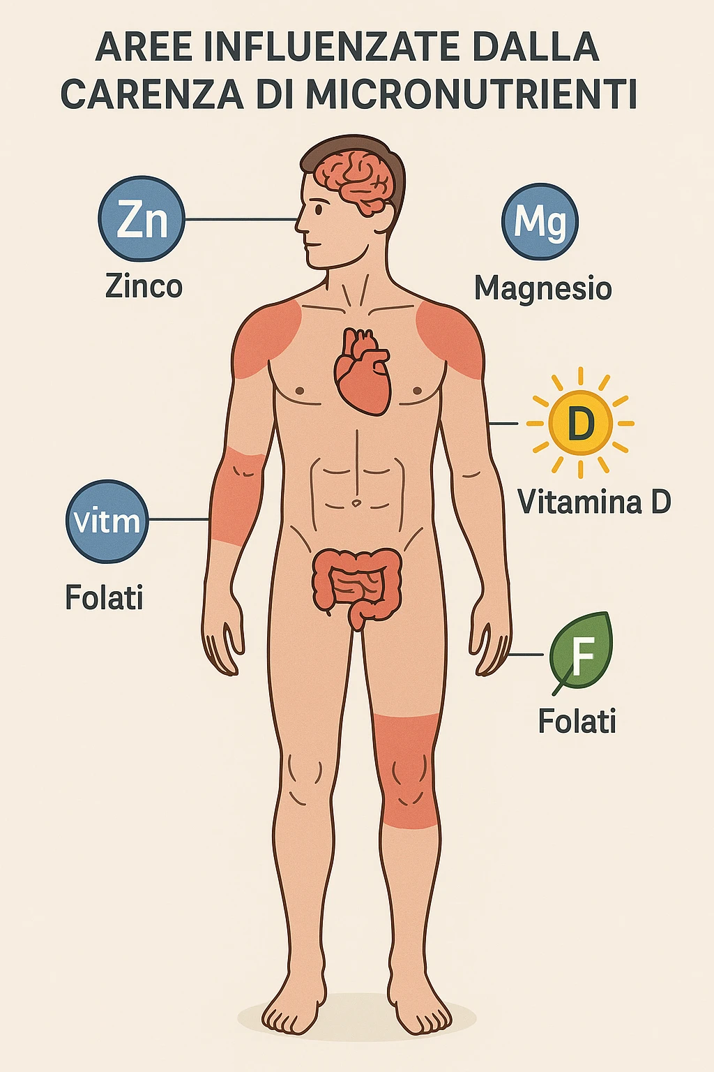 corpo umano in carenza di micronutrienti come zinco, magnesio, vitamina D, folati, in italiano emoji