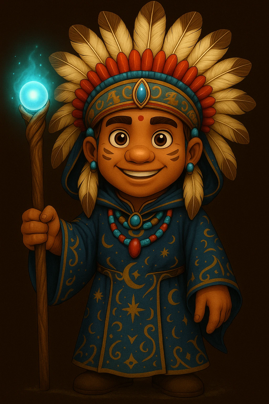 Create the same character as in the reference image but dressed in a fantasy wizard robe, holding a magic staff, with a friendly expression, full body view. Maintain the character's original style and features. emoji