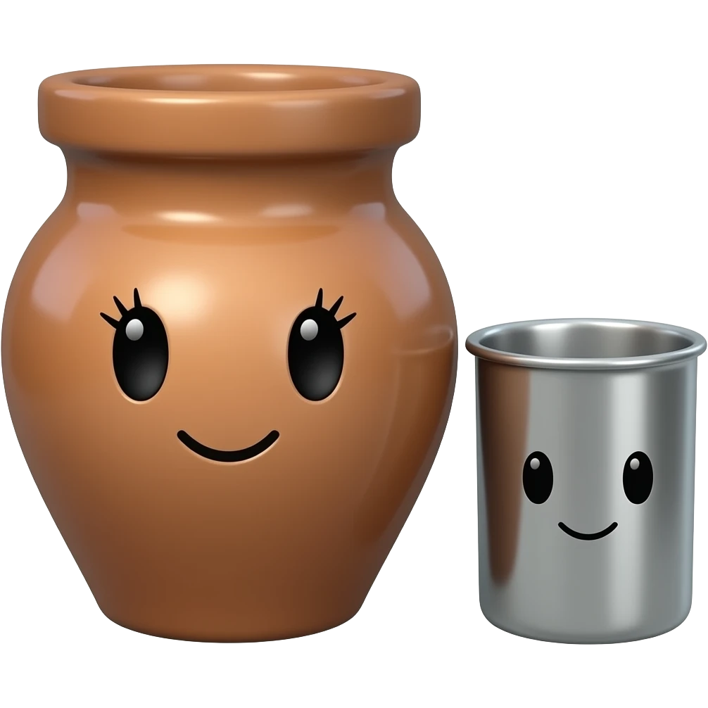Fat clay pot with a cute face with eyelashes next to slim metal cup with a cute face without eyelashes emoji