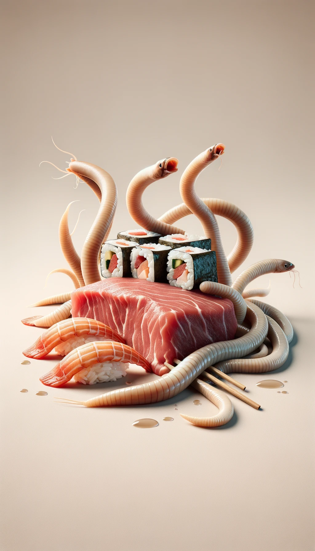 carne cruda fluttua insieme a sushi, intorno a loro fluttuano vermi lunghi e beige chiaro, sfondo neutro chiaro, iperrealistico 4k emoji