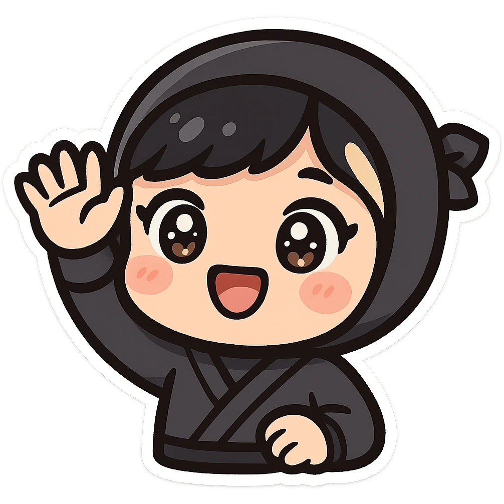 Super cute kawaii chibi style ninja girl with big sparkling eyes, round face, soft colors, playful charm, black short hair with a blonde streak, only head and arms visible, bold outlines, no mask, hand fully raised waving upward, smiling, sized for Twitch emoji use. emoji