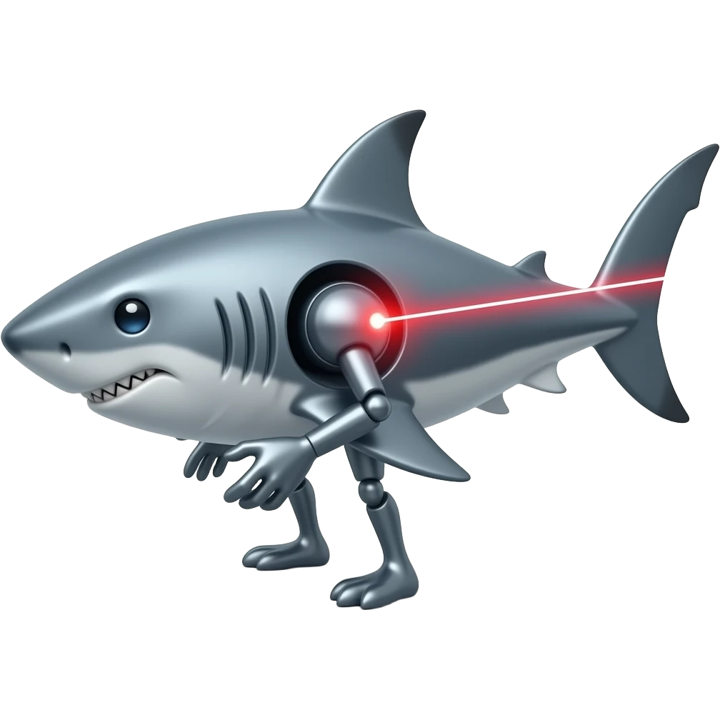 Shark with legs and arms which is made out of metal and a laser on it’s back emoji
