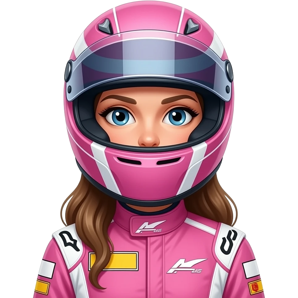 create woman using f1 pink costume and f1 helm that cover the face, the woman have long hair inside helm emoji