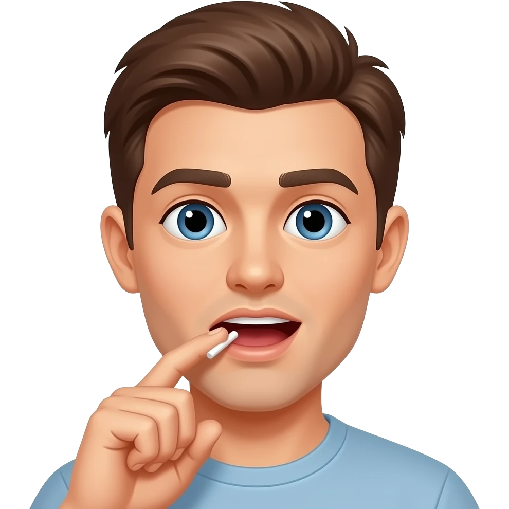 young man pulling up upper lip with index finger while placing white nicotine pouch under upper lip with thumb and middle finger of other     hand, mouth open, close-up face emoji
