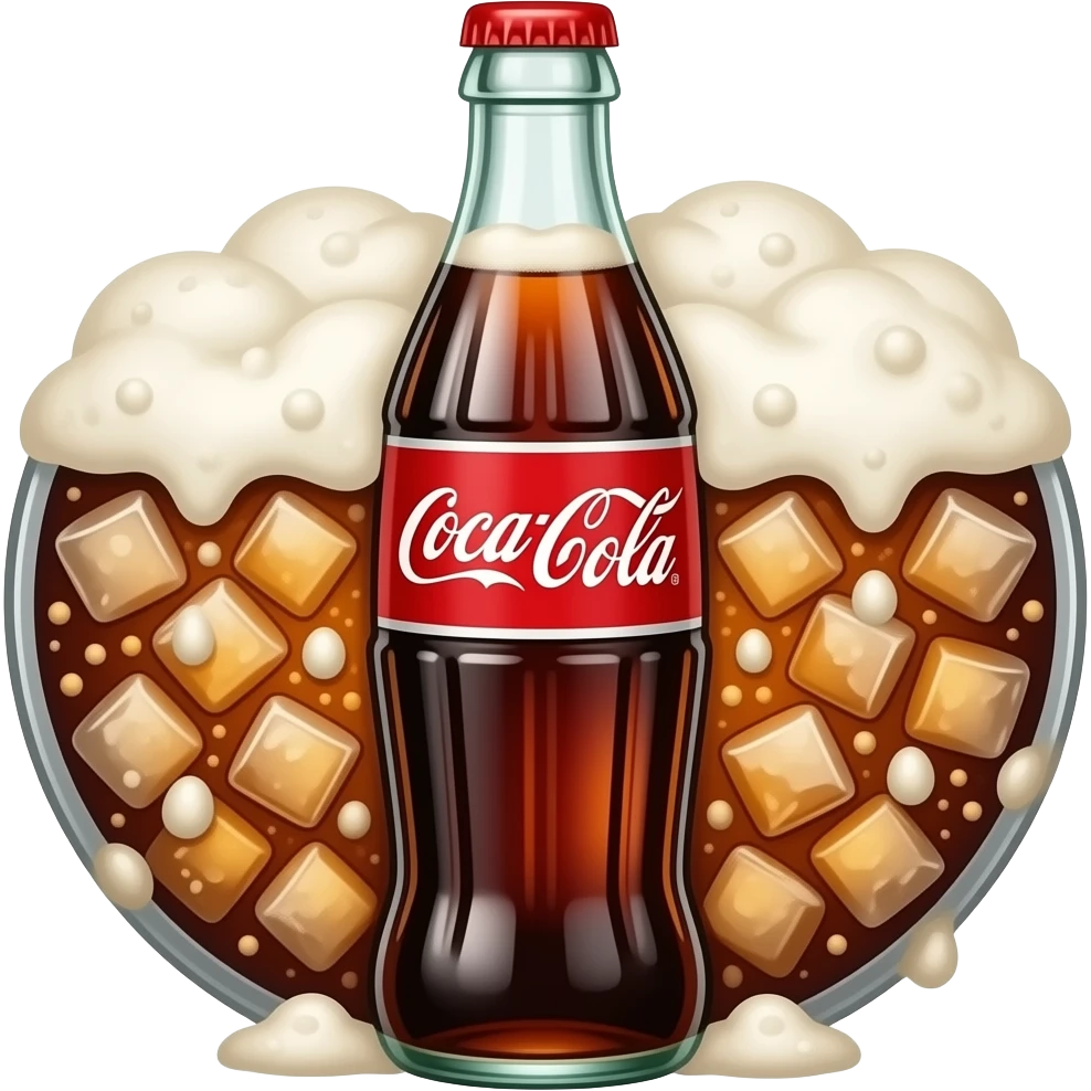 Botella de coca cola cortada por la mitad con fernet con coca y hielo y mucha espuma emoji