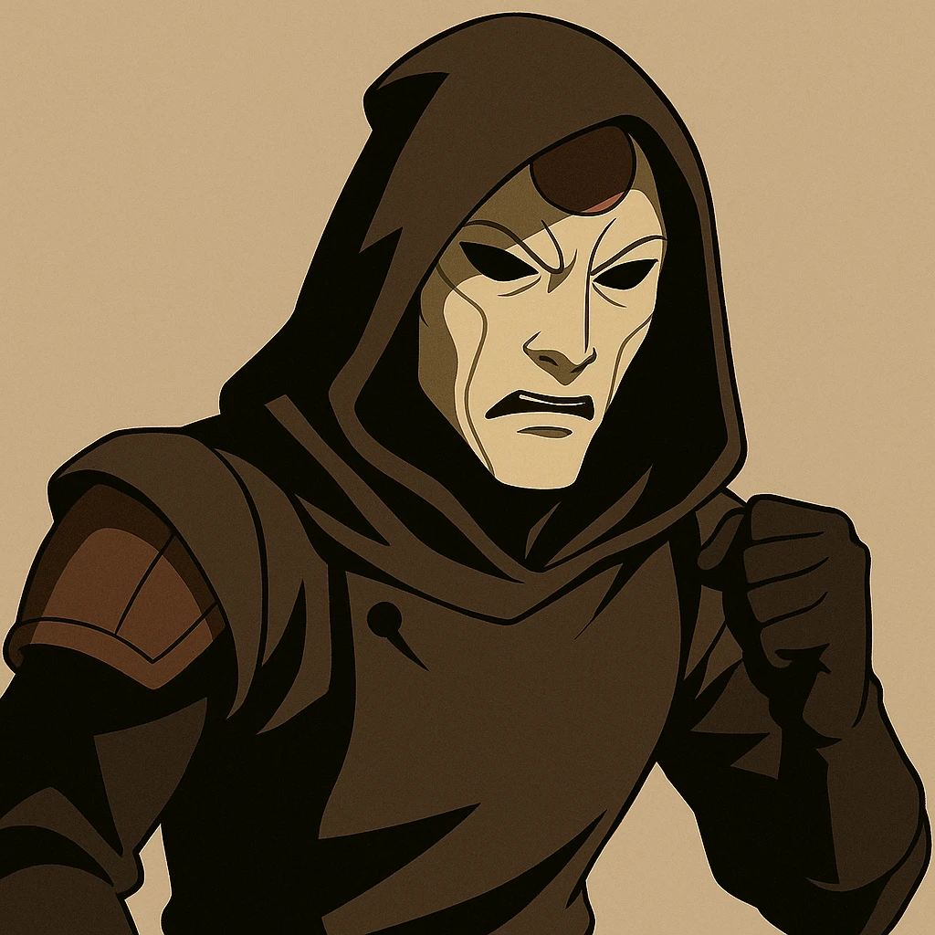 Create more variations of Amon from The Legend of Korra, masked and hooded, in a dramatic and shadowy cartoon style with different poses and expressions, keeping the same flat toon style as the reference image. emoji