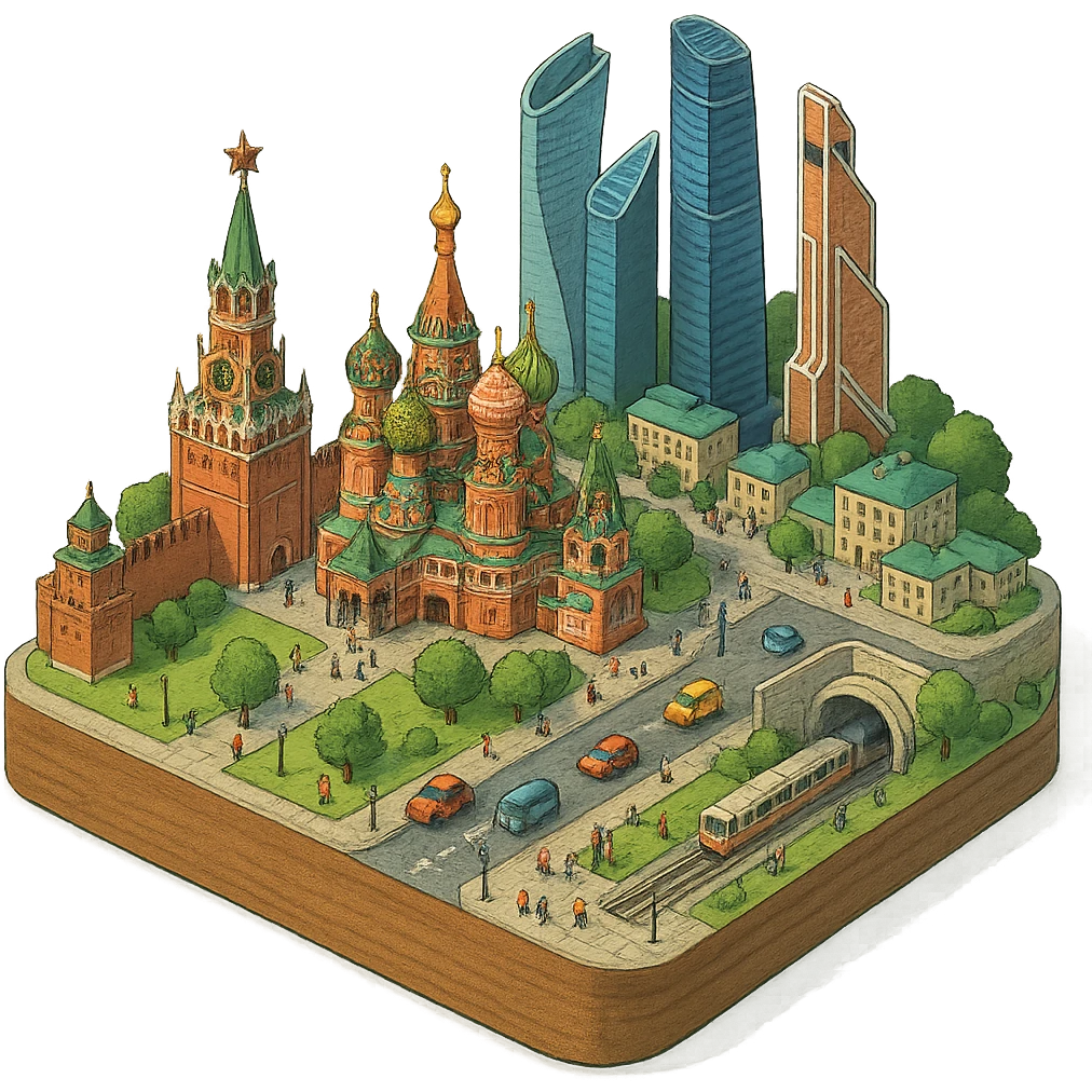 Изометричная миниатюрная 3D модель Москвы на подставке - фотореалистичный Кремль, собор Василия Блаженного, фотореалистичный Башни Москва-Сити, аккуратная детализация, четкие линии, яркие цвета, мультяшный реализм, гуляют люди и современный автотранспорт и метро, компактная композиция, вид сверху в изометрии, прозрачный фон emoji