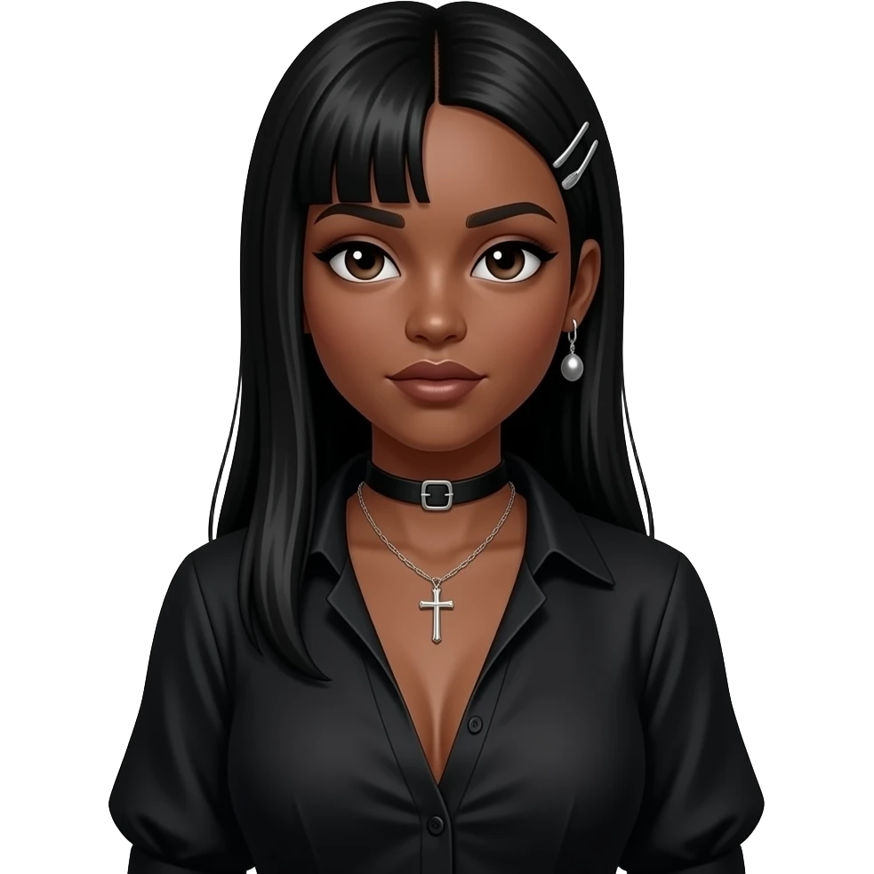 De pele parda,cabelo longo e lisos franja vegana divida e o outro lado prendida com um broche,gargantilha e um colar de cruz,uma blusa preta e sexy e seios grandes é gotica emoji