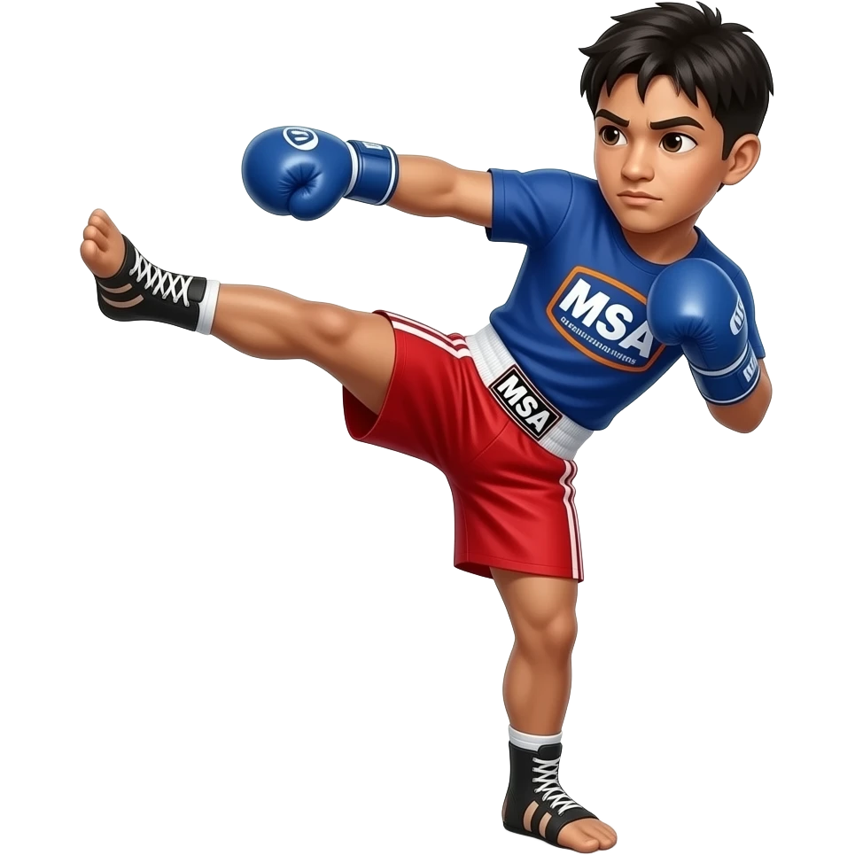 Thai boxer front kick teep red shorts and t shirt with msa logo emoji