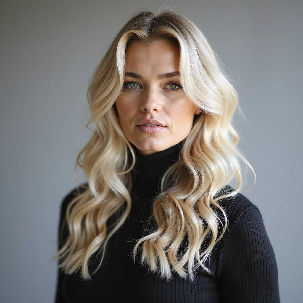 Femme blonde 22 ans coiffe long et ondulé de style vestimentaire plutôt fashion  emoji