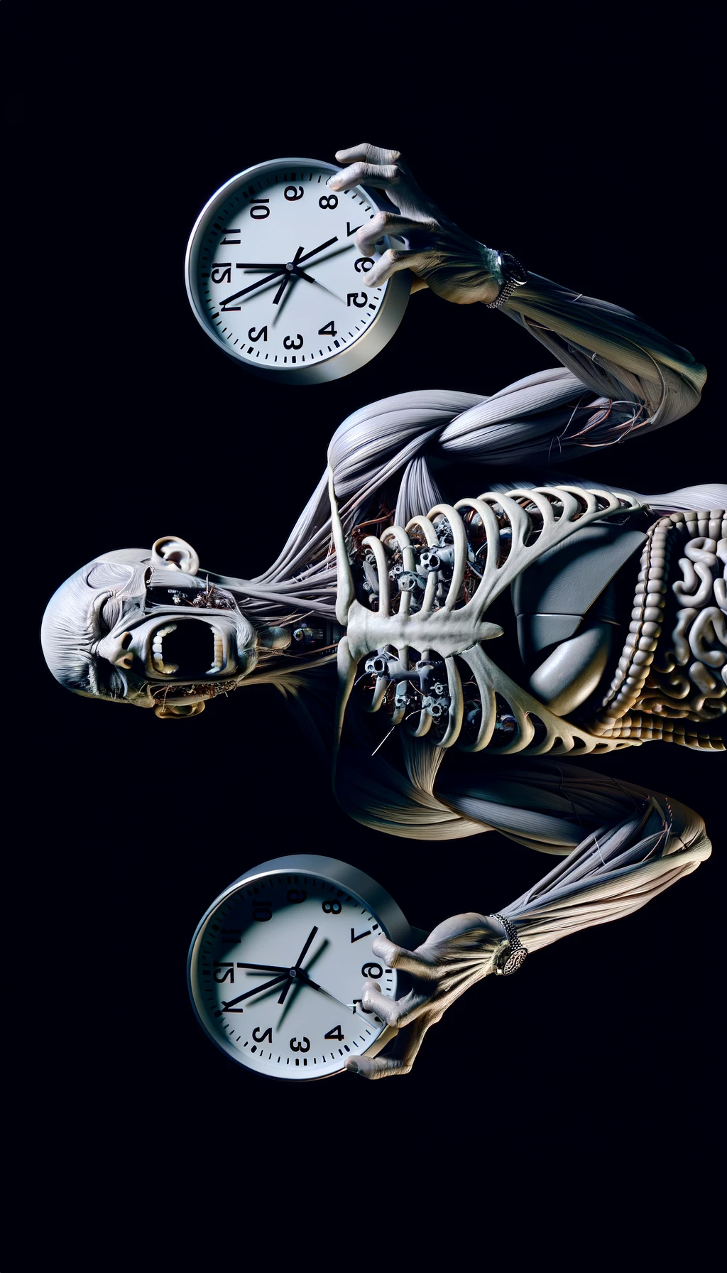 corpo umano anatomico CHE TIENE OROLOGI NELLE MANI E STA IMPAZZENDO PERCHé NON RIESCE A SVOLGERE TUTTE LE SUE ATTIVITà QUOTIDIANE: NON HA TEMPO, iperrealistico 4k emoji