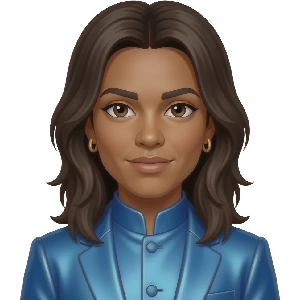 Fab Morvan from Milli Vanilli with dark skin, dark brown eyes, long dark brown shoulder-length hair, blue metallic mao suit, earrings emoji