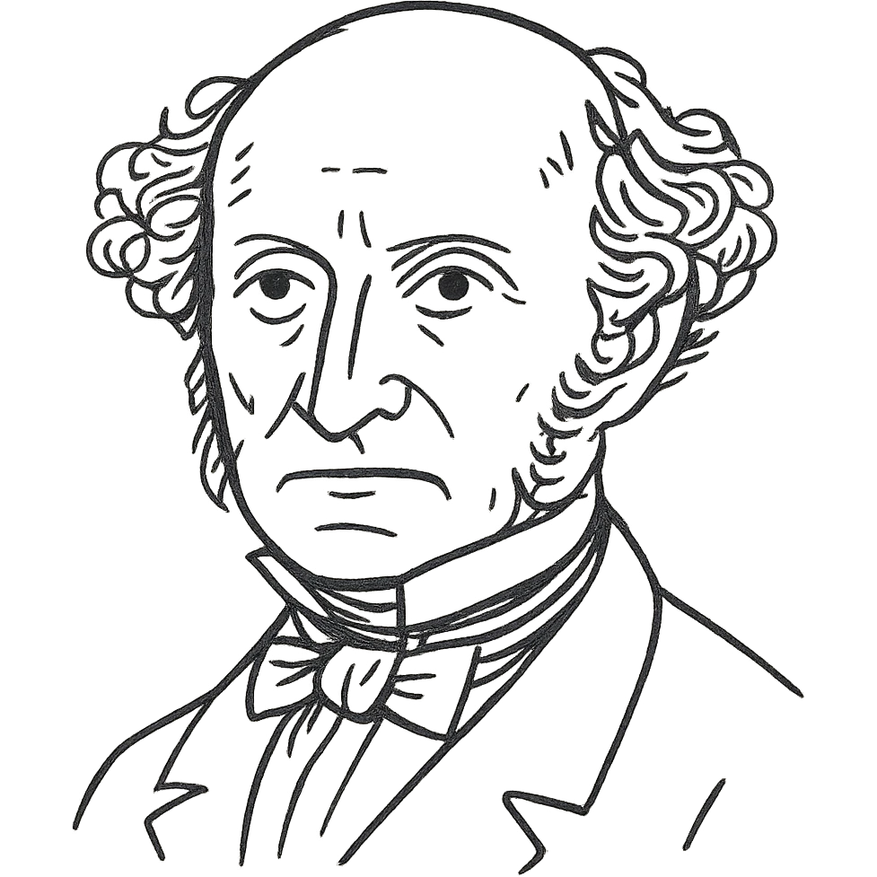 a hand drawn black outline portrait of philosopher John Stuart Mill with similar-sized eyes based a famous portrait of him, with fluffy hair emoji
