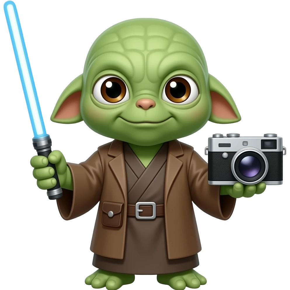 maitre yaddle debout avec sabre laser  et appareil photo emoji