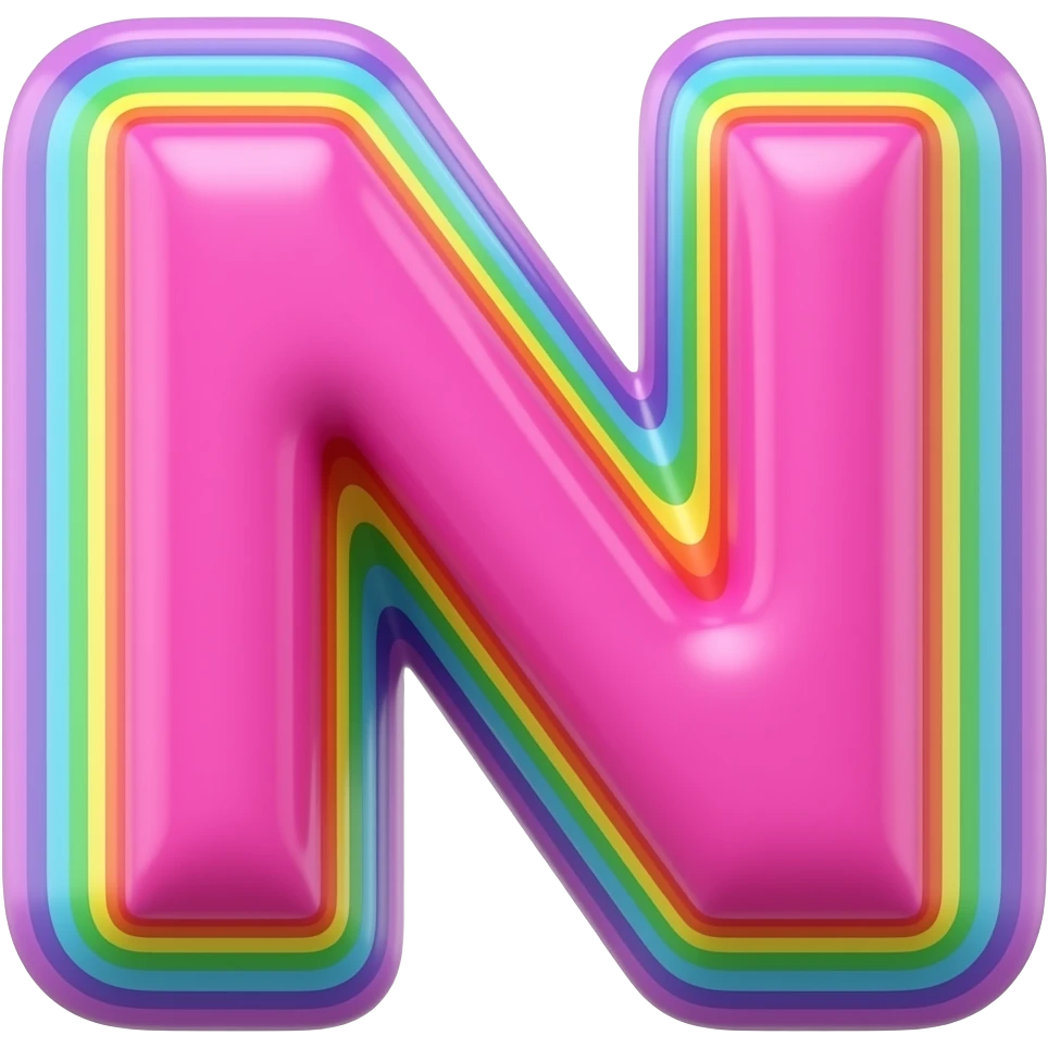 name "Hi" in neon pink, 3D style typography lettering, each color of the rainbow as a border outlined around each letter, isolated, 3d rendering, no emoji icons no emoji faces and must have no human figures emoji