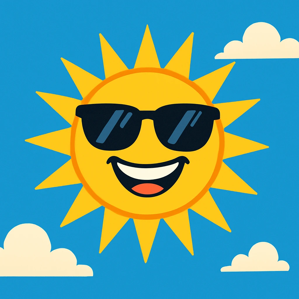 A vibrant, cartoon-style illustration of a cheerful sun wearing sunglasses, radiating bright rays, set against a clear blue sky with fluffy white clouds. The sun has a big, friendly smile, and the overall image conveys a sense of warmth and happiness. emoji