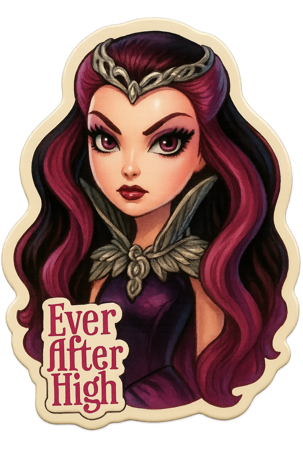 Ever After High sticker of Raven Queen, close-up portrait, intense eyes, silver accessories, mystical vibe emoji